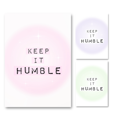 Main product preview for Gypsy Soul Cabin showing the pink gradient aura version of the Keep It Humble typewriter print next to the purple and green aura variants.