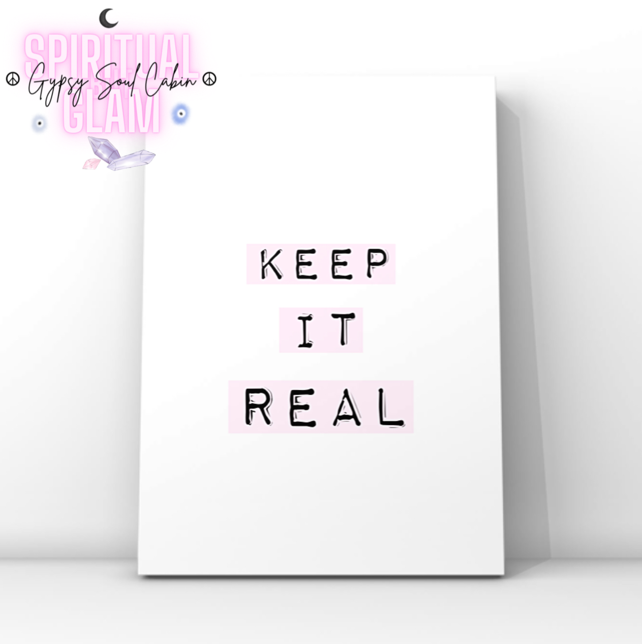 Minimalist typography art print reading Keep It Real with typewriter style font layered over clean pastel pink gradient blocks.