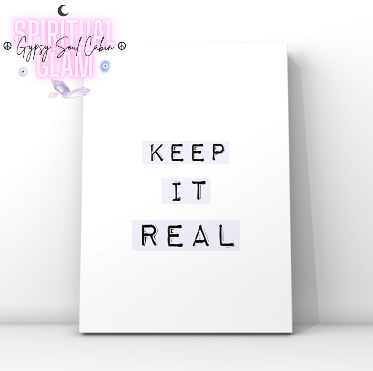 Minimalist typography art print reading Keep It Real with typewriter style font layered over soft pastel purple gradient blocks.