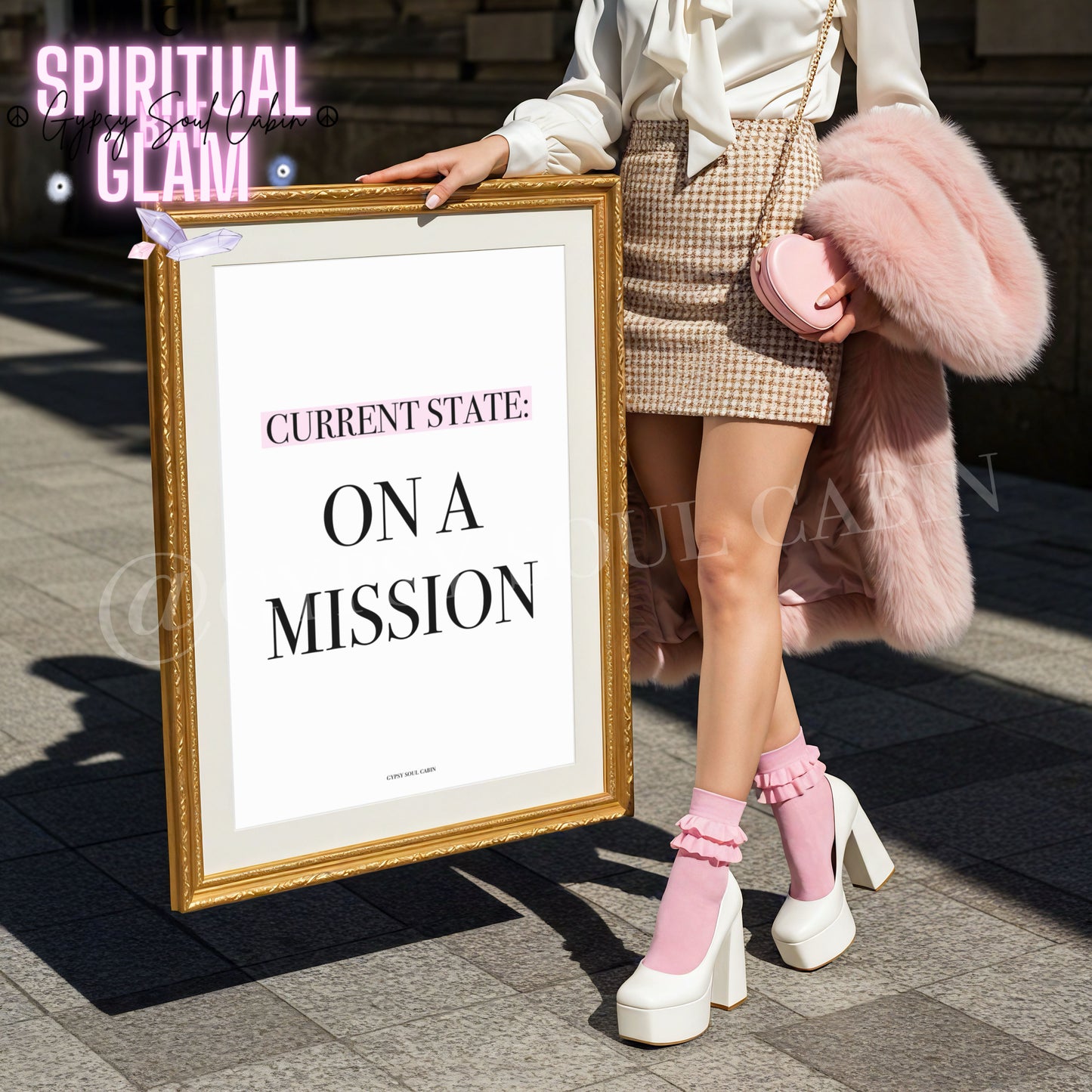 Minimalist A4 typography print for female entrepreneur office decor displaying the bold black text Current State On A Mission with Current State highlighted in a chic pink bar background.
