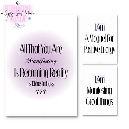 Coordinated collection of Law of Attraction manifestation prints, including a 777 purple aura design and minimalist positive energy typography quotes.