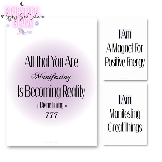 Coordinated collection of Law of Attraction manifestation prints, including a 777 purple aura design and minimalist positive energy typography quotes.