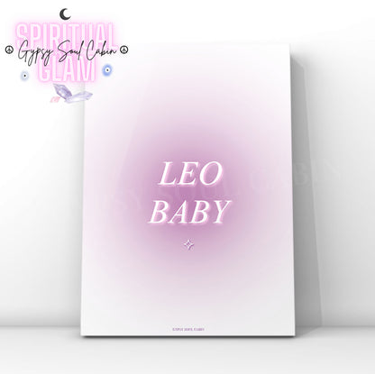 Gypsy Soul Cabin Leo Baby purple gradient aura art print with aesthetic spiritual typography and a vibrant purple energy design.