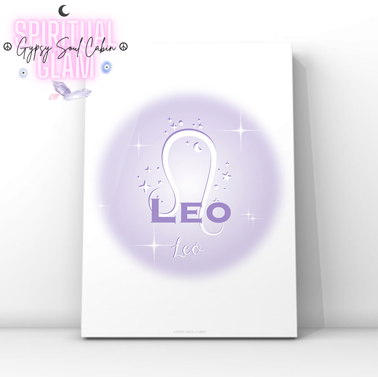 Minimalist aesthetic lavender aura print featuring the Leo zodiac lion glyph centred with celestial stars and Y2K sparkles.