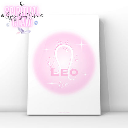 Minimalist aesthetic pink aura print featuring the Leo zodiac lion glyph centred with celestial stars and Y2K sparkles.