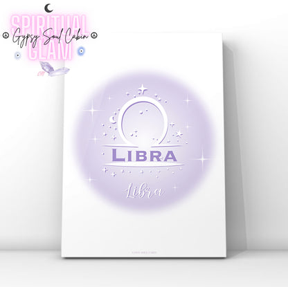 Minimalist aesthetic lavender aura print featuring the Libra zodiac scales glyph centred with celestial stars and Y2K sparkles.