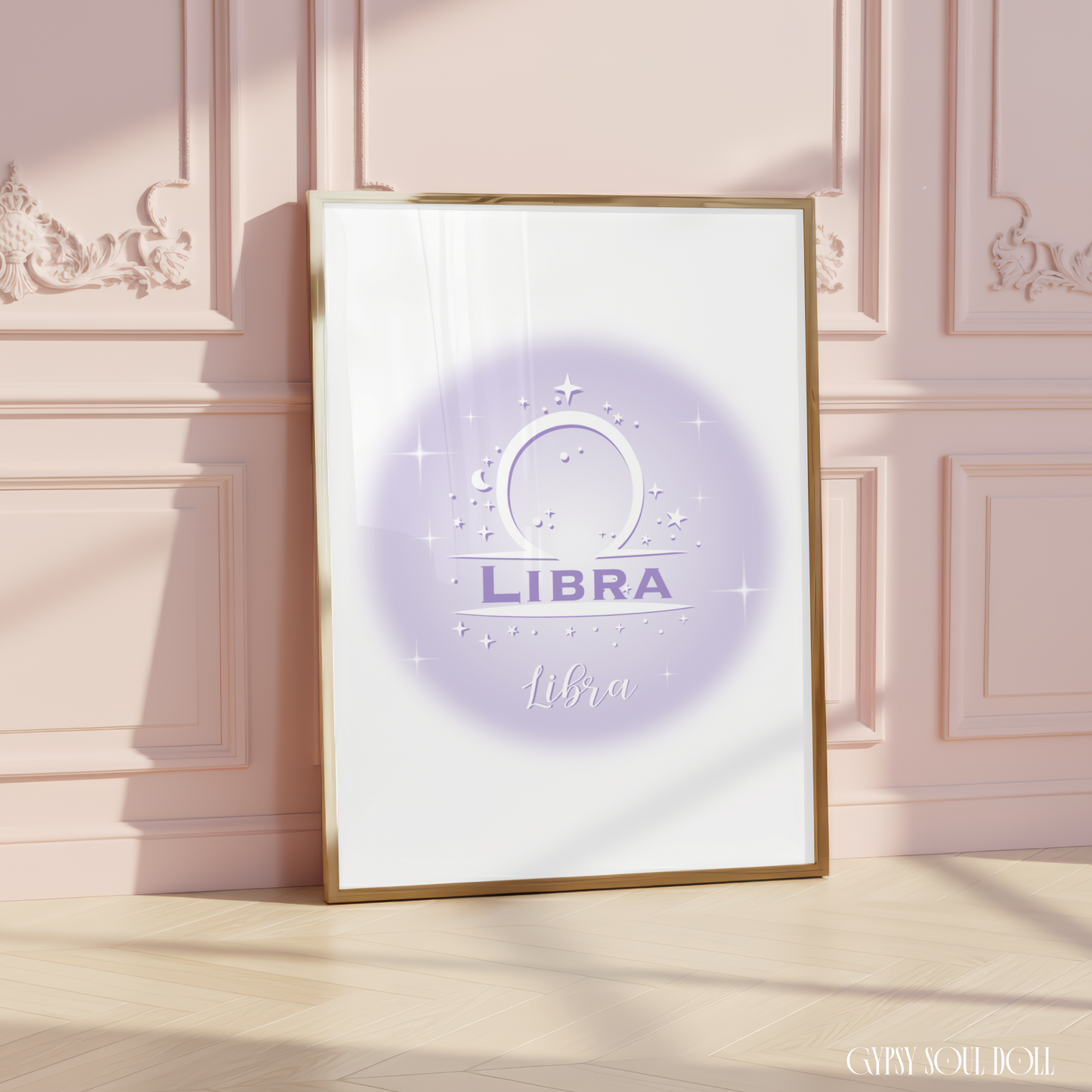 Minimalist aesthetic lavender aura print featuring the Libra zodiac scales glyph centred with celestial stars and Y2K sparkles.