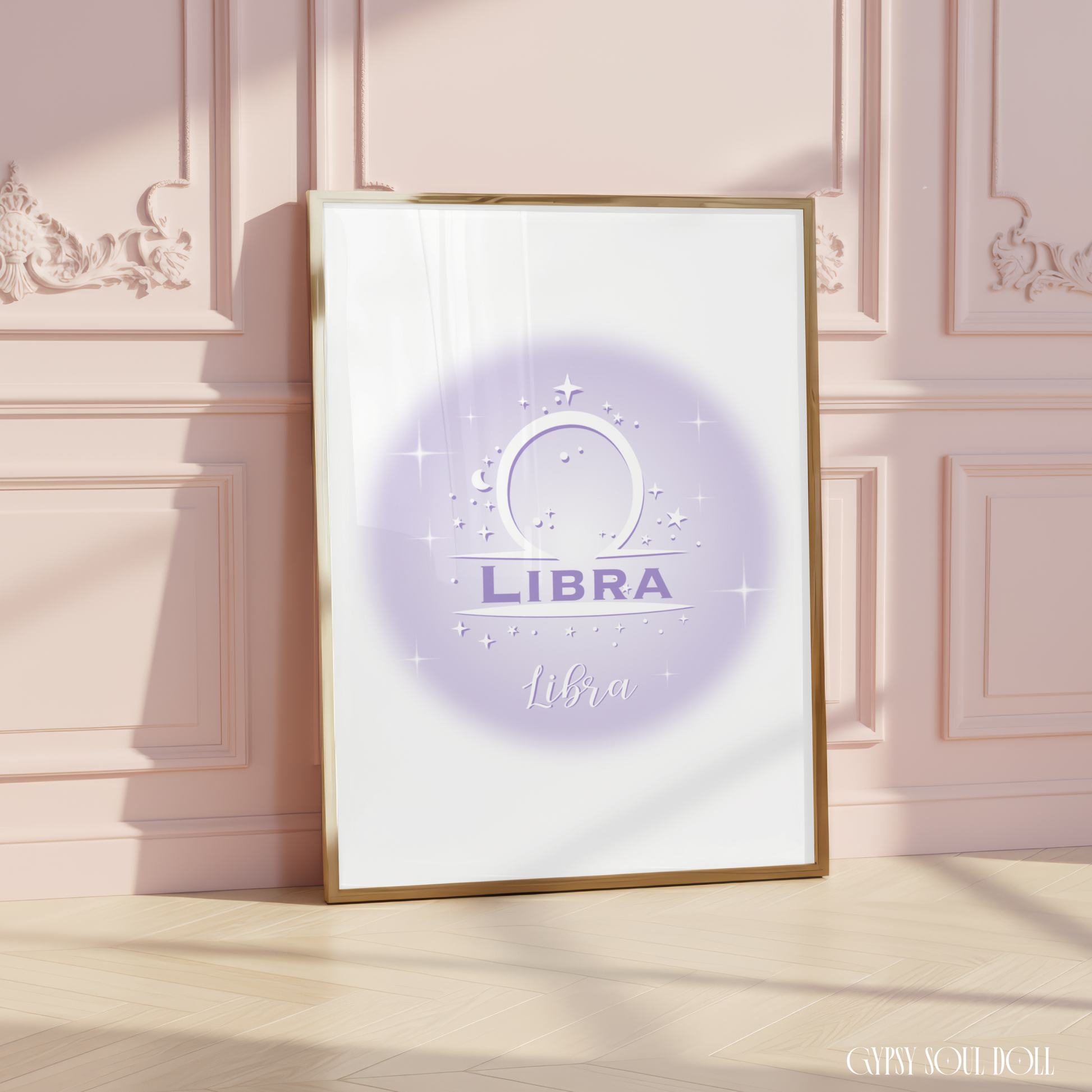 Minimalist aesthetic lavender aura print featuring the Libra zodiac scales glyph centred with celestial stars and Y2K sparkles.