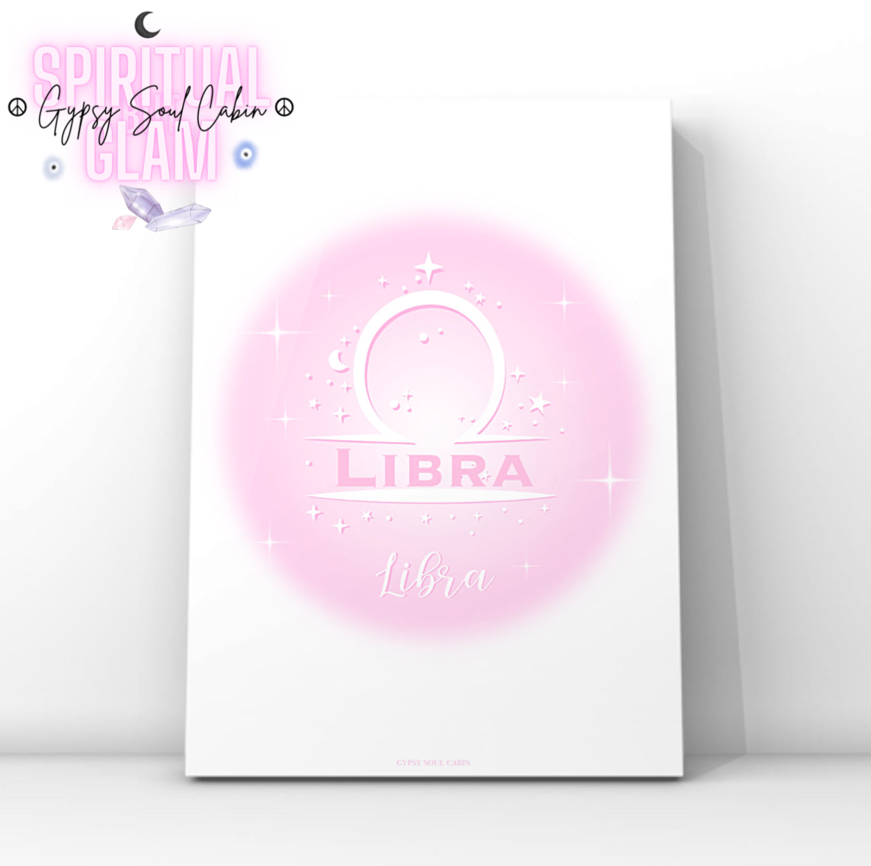 Minimalist aesthetic pink aura print featuring the Libra zodiac scales glyph centred with celestial stars and Y2K sparkles.