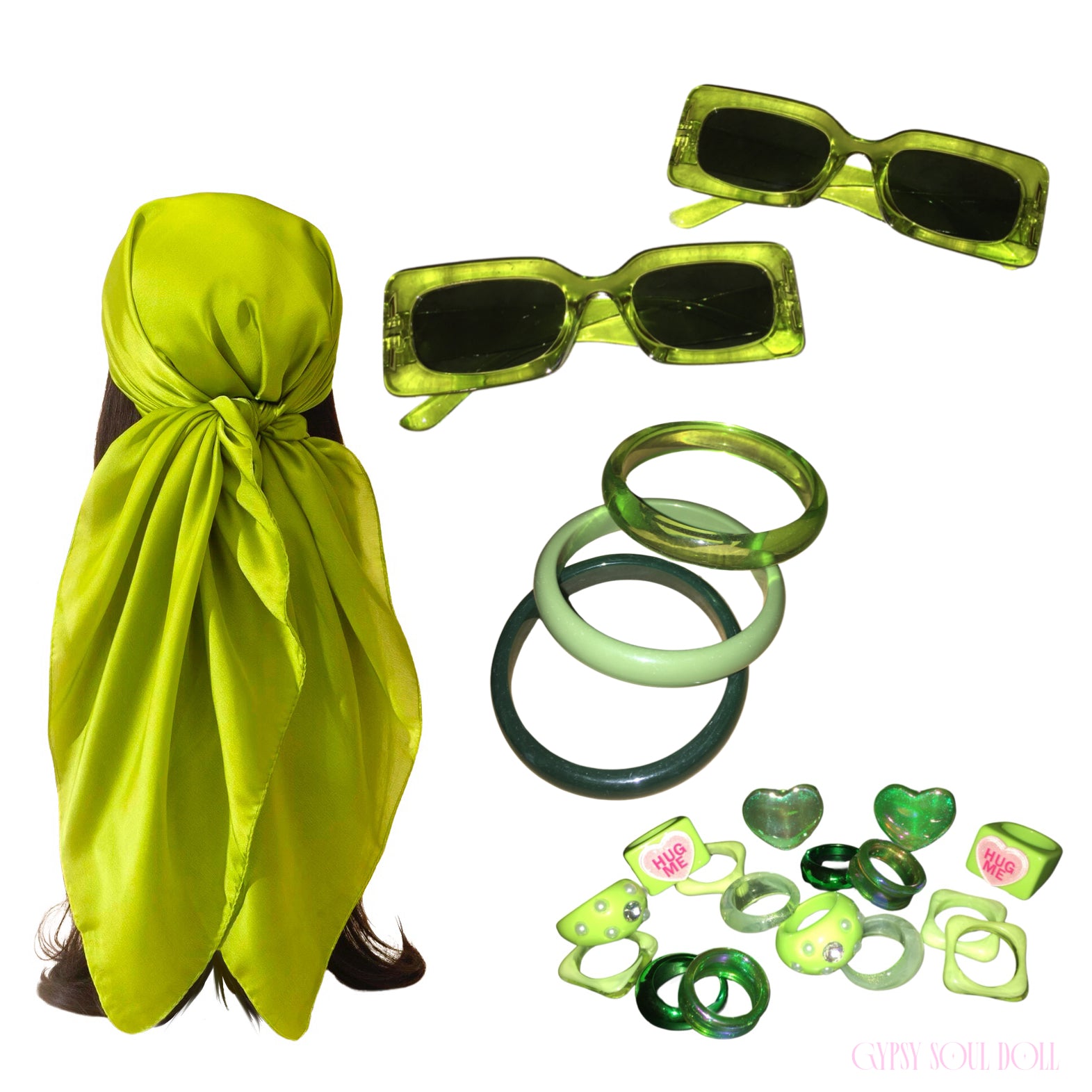 A curated Y2K brat girl summer accessory bundle featuring a lime green satin multi-way head scarf, two pairs of matching lime translucent rectangle sunglasses, a trio of chunky acrylic bangles, and an assortment of lime green resin rings, heart gems, and "Hug Me" bubble accent rings.