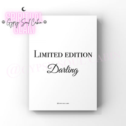 Minimalist black and white typography wall art print with the elegant cursive text Limited Edition Darling centered on a clean white background.