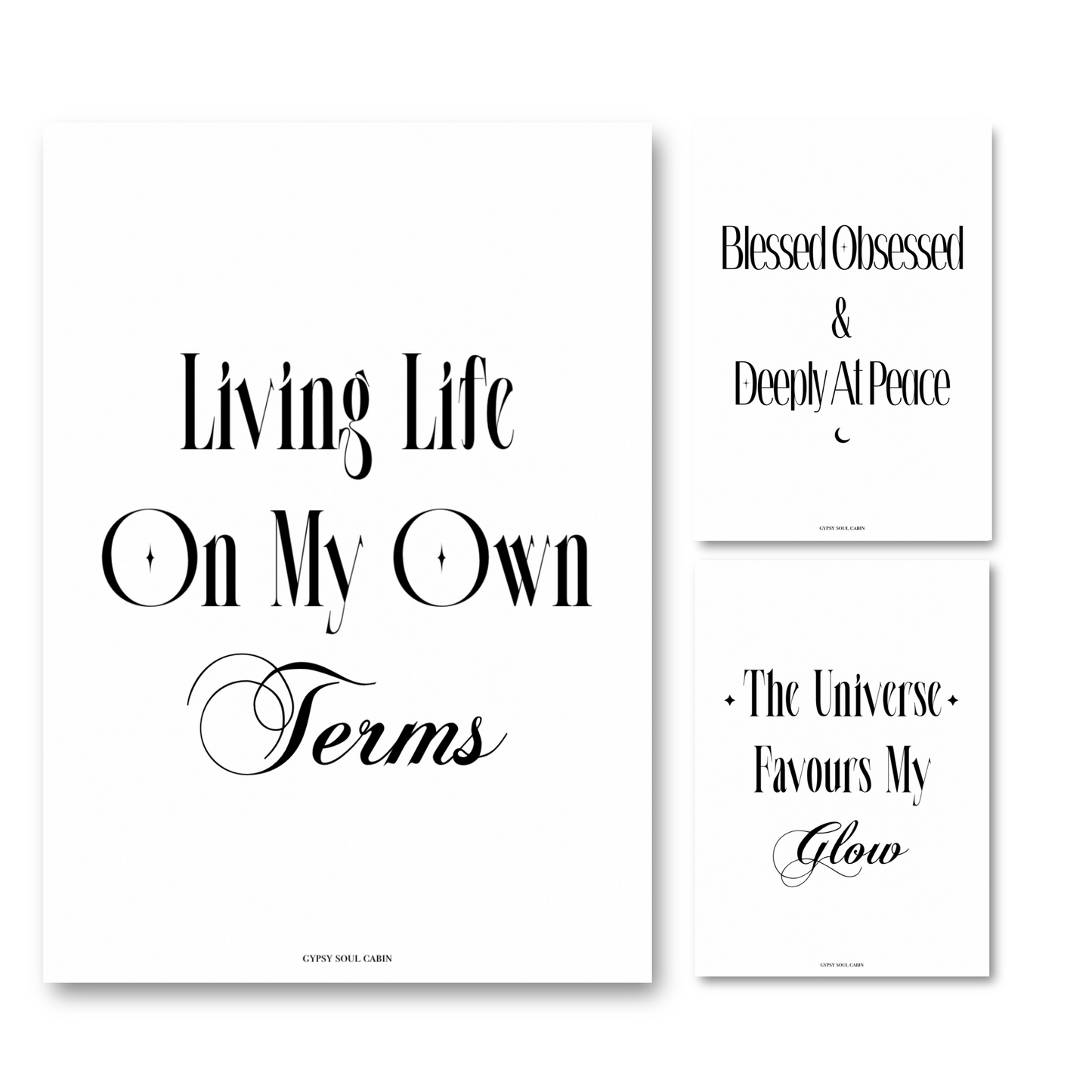 Set of three minimalist black and white typography prints featuring motivational quotes for independent, empowered women.