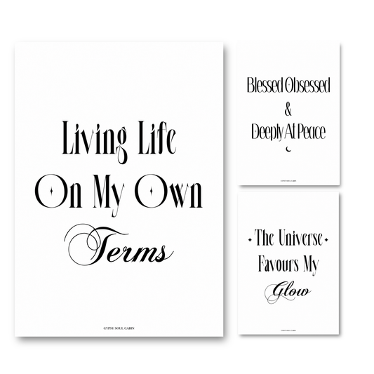 Set of three minimalist black and white typography prints featuring motivational quotes for independent, empowered women.