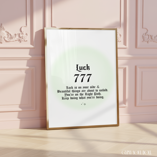 Minimalist A4 spiritual wall art print featuring a soft green aura gradient background with bold black gothic typography reading Luck 777 and an abundance of manifestation guide text block.