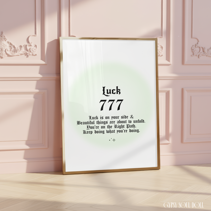 Minimalist A4 spiritual wall art print featuring a soft green aura gradient background with bold black gothic typography reading Luck 777 and an abundance of manifestation guide text block.