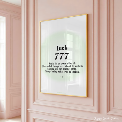 Minimalist A4 manifestation wall art print featuring the word Luck and 777 angel number in a bold black gothic font over a soft pastel green aura gradient background with an encouraging spiritual quote.