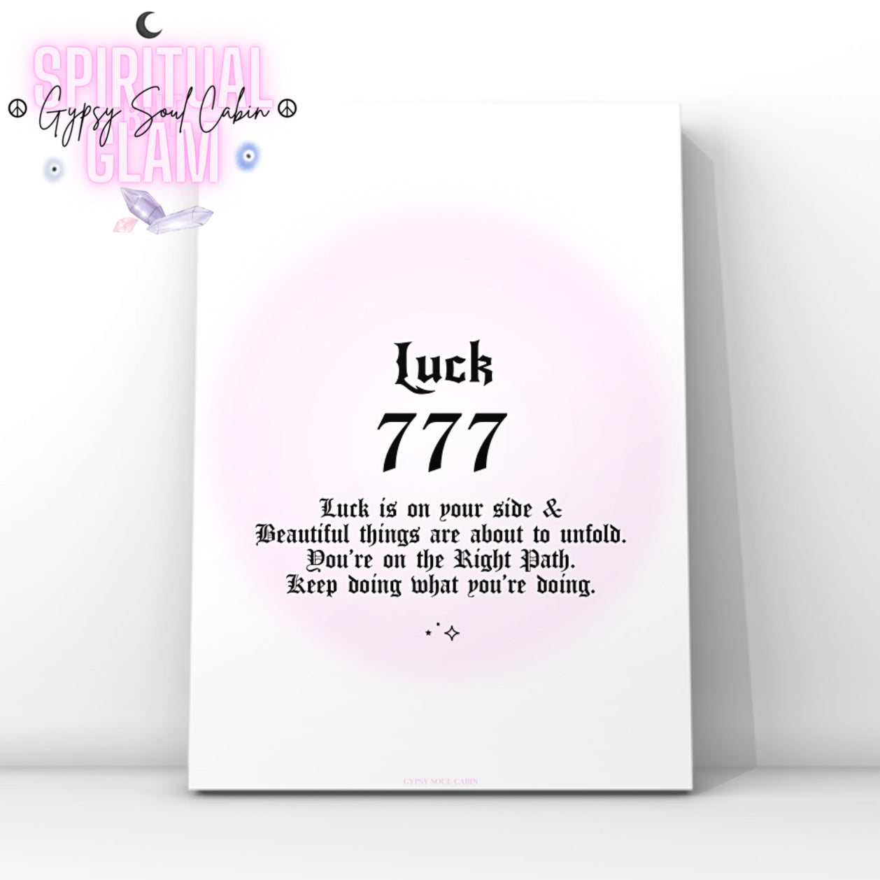 Minimalist A4 spiritual wall art print featuring a soft pink aura gradient background with bold black gothic typography reading Luck 777 and an abundance of manifestation guide text block.