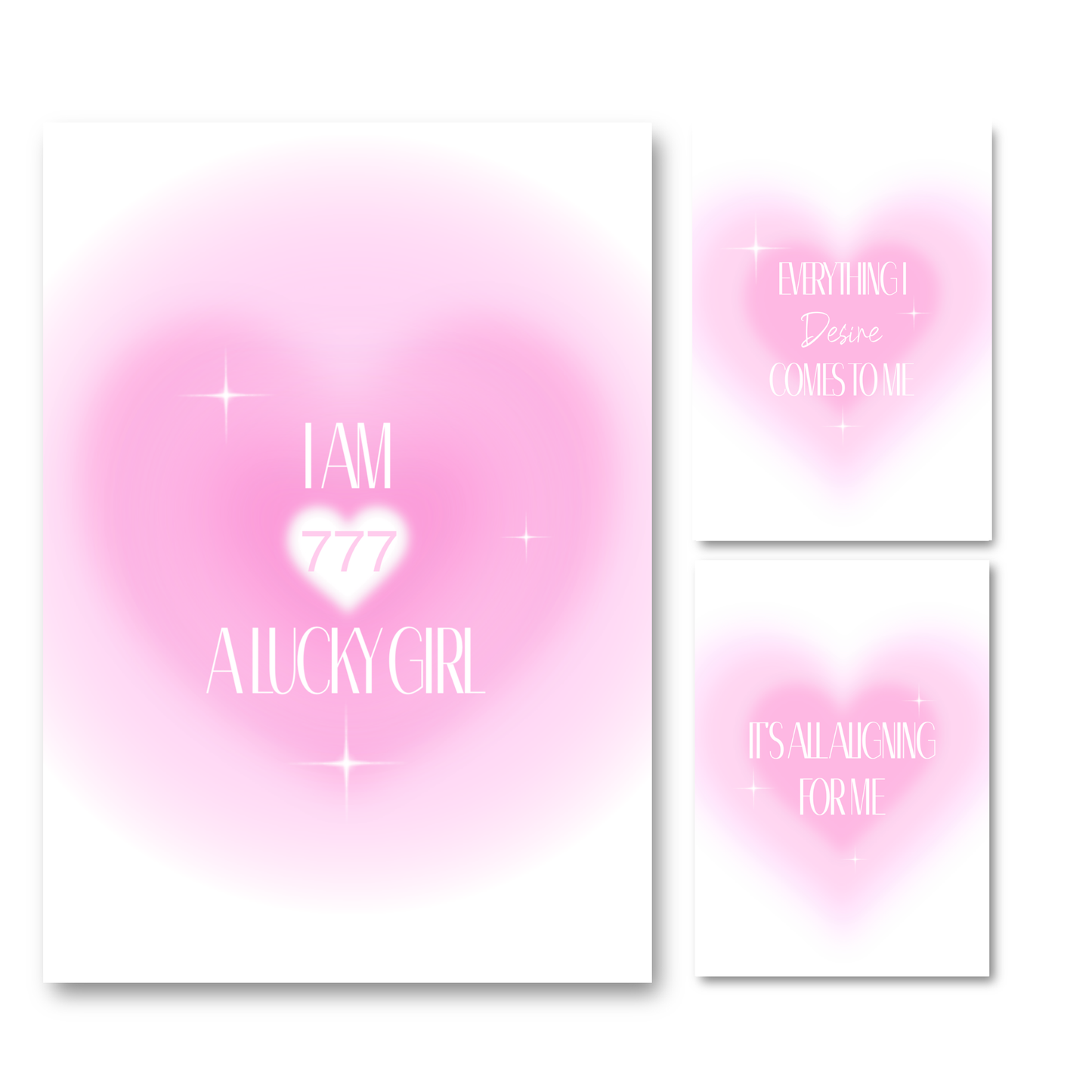 Set of three trendy pink gradient aura heart A4 prints featuring manifestation quotes, sparkles, and the 777 luck angel number.