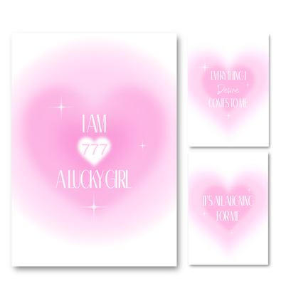 Set of three trendy pink gradient aura heart A4 prints featuring manifestation quotes, sparkles, and the 777 luck angel number.