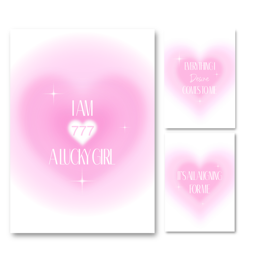 Set of three trendy pink gradient aura heart A4 prints featuring manifestation quotes, sparkles, and the 777 luck angel number.