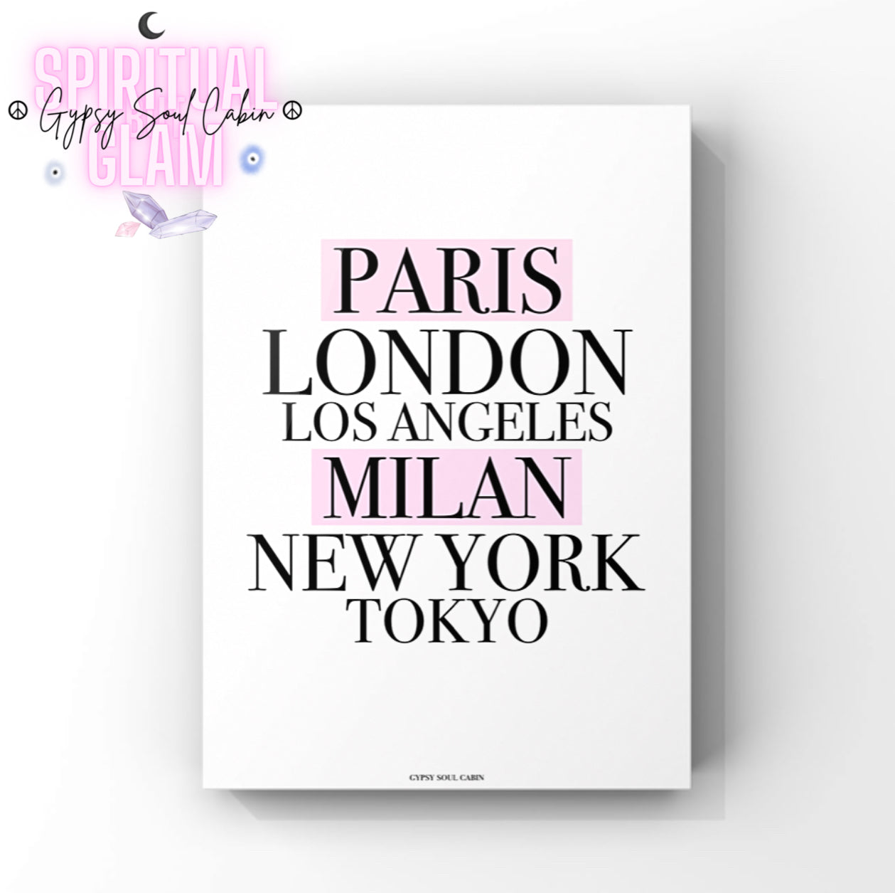 Minimalist black and white A4 fashion typography print featuring a vertical list of global capitals, Paris, London, Los Angeles, Milan, New York, and Tokyo, with Paris and Milan stylised in soft pink highlight blocks.