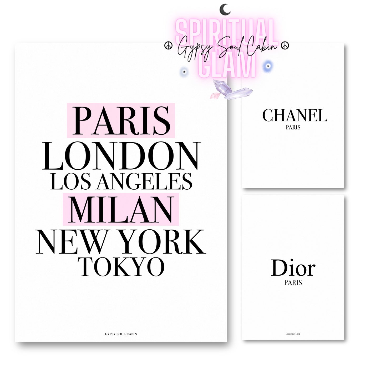 A4 luxury fashion prints choice featuring a minimalist city list design with Paris, London, Los Angeles, Milan, New York, and Tokyo highlighted in pink alongside clean black and white
Chanel Paris and Dior Paris brand logo variations.