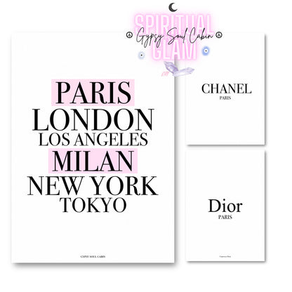 A4 luxury fashion prints choice featuring a minimalist city list design with Paris, London, Los Angeles, Milan, New York, and Tokyo highlighted in pink alongside clean black and white
Chanel Paris and Dior Paris brand logo variations.