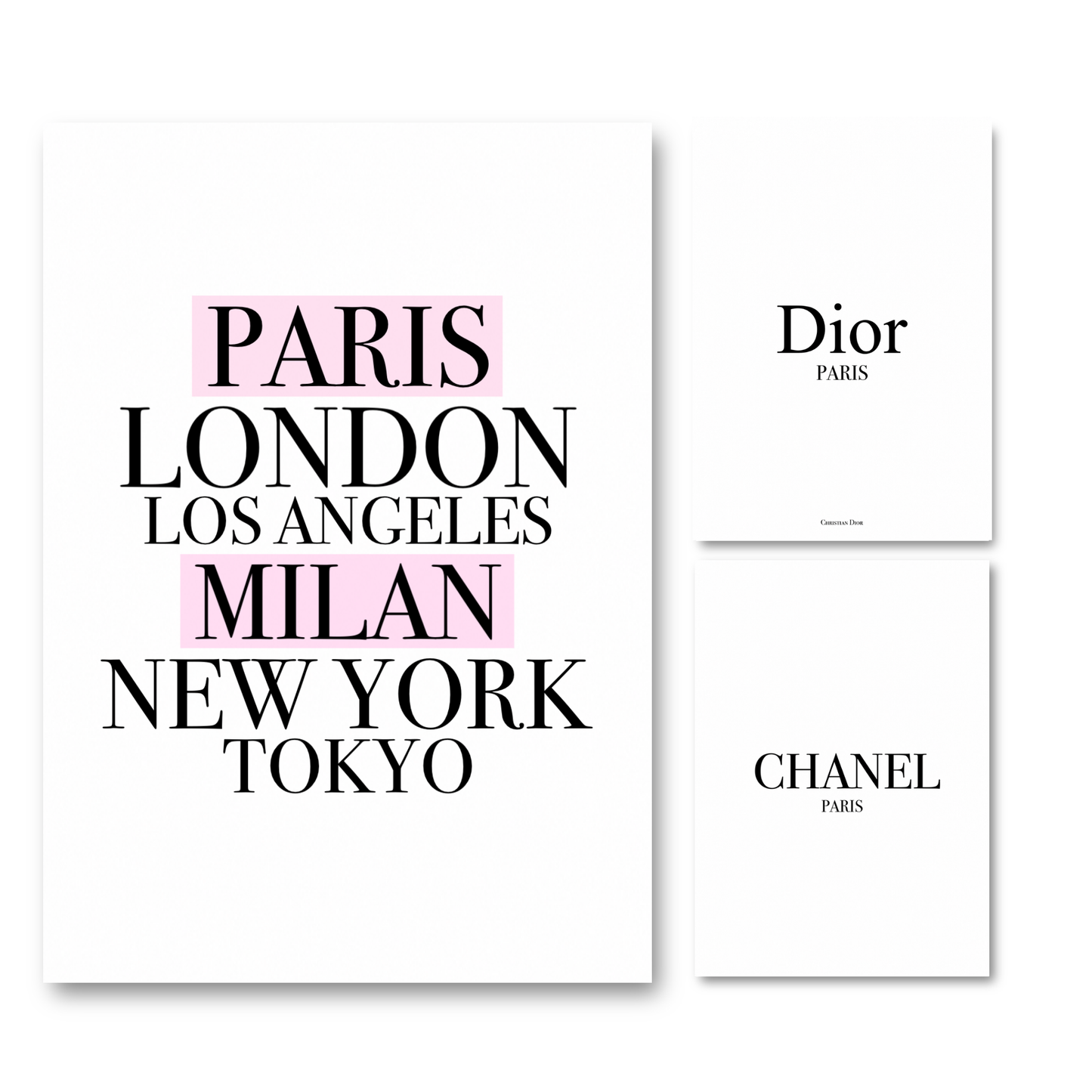 A4 luxury fashion prints choice featuring a minimalist city list design with Paris, London, Los Angeles, Milan, New York, and Tokyo highlighted in pink alongside clean black and white Chanel Paris and Dior Paris brand logo variations.