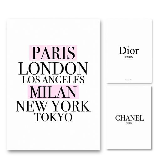 A4 luxury fashion prints choice featuring a minimalist city list design with Paris, London, Los Angeles, Milan, New York, and Tokyo highlighted in pink alongside clean black and white Chanel Paris and Dior Paris brand logo variations.