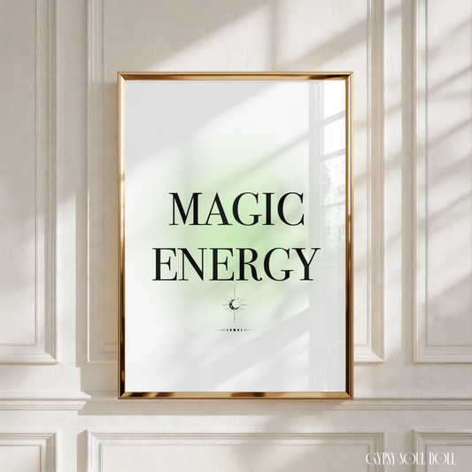 Minimalist green gradient aura typography print reading Magic Energy in a gold mockup frame.