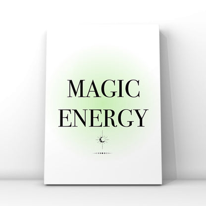Minimalist A4 celestial print featuring the text MAGIC ENERGY in bold serif typography over a soft pastel green aura gradient background with celestial moon phase line art.