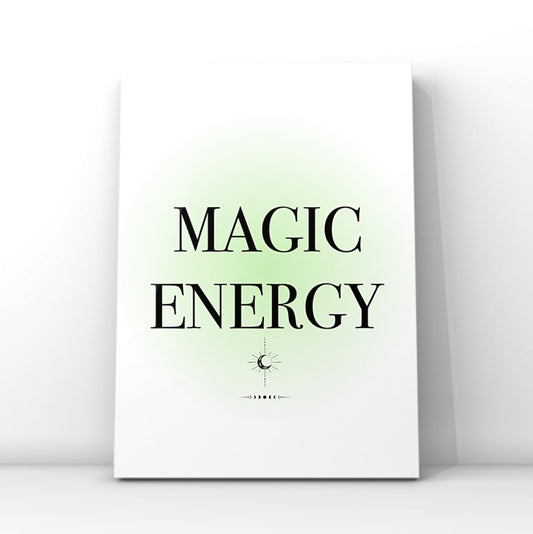 Minimalist A4 celestial print featuring the text MAGIC ENERGY in bold serif typography over a soft pastel green aura gradient background with celestial moon phase line art.