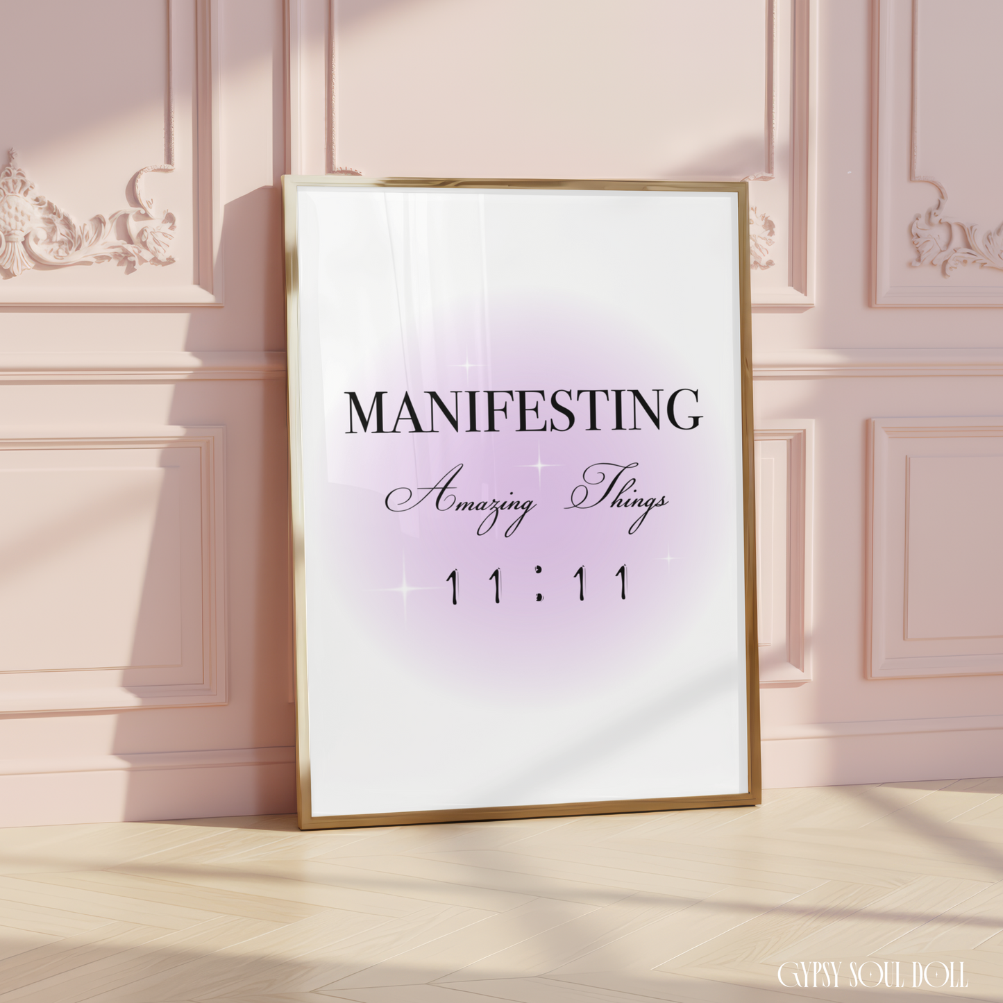 Minimalist A4 spiritual quote print featuring a central pastel purple aura gradient glow with bold black text reading Manifesting Amazing Things 11:11 and delicate star glints.