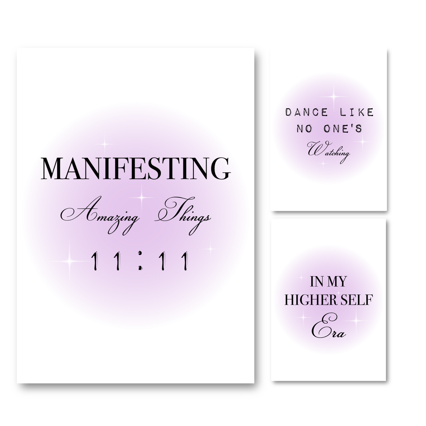 Set of three spiritual typography wall art prints with a pastel purple aura gradient glow, including quotes about manifestation, dancing, and entering a higher self era.