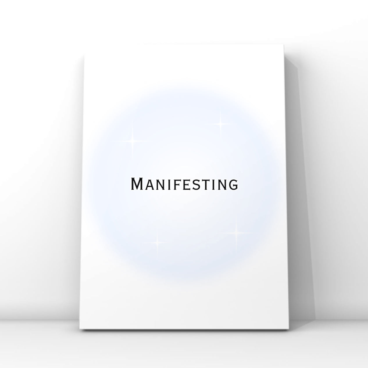 Sleek spiritual wall art print with the text Manifesting in clean typography over a soft blue airbrush aura design with sparkles.