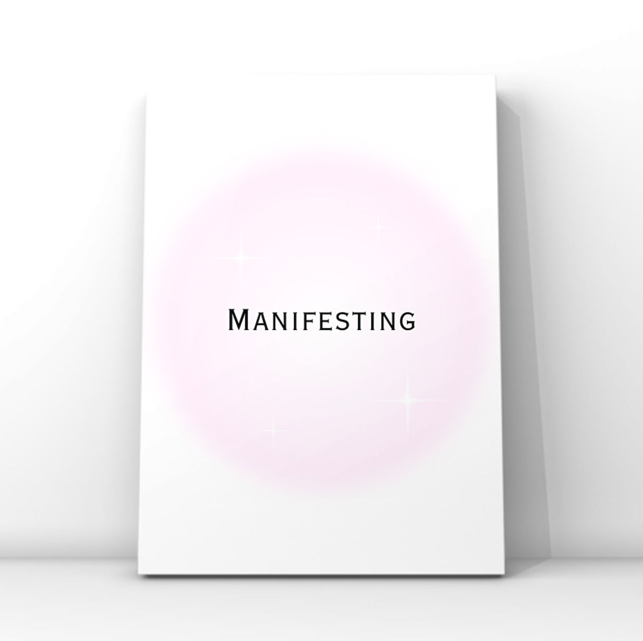 Sleek spiritual wall art print with the text Manifesting in clean typography over a soft pink airbrush aura design with sparkles.