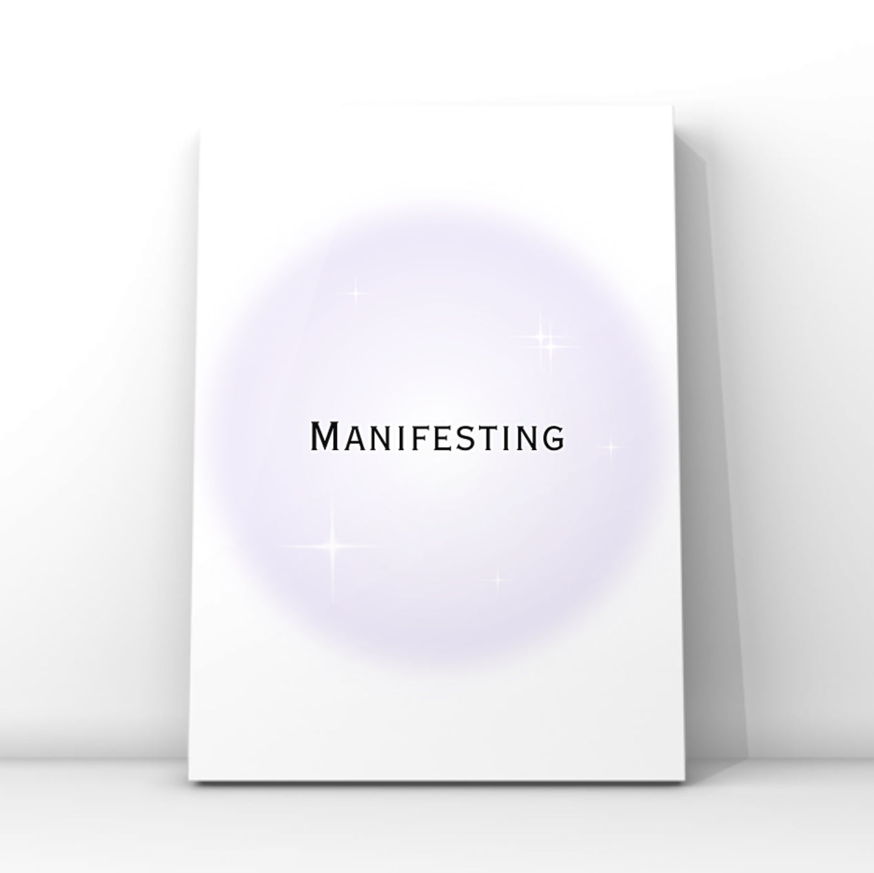 Sleek spiritual wall art print with the text Manifesting in clean typography over a soft purple airbrush aura design with sparkles.