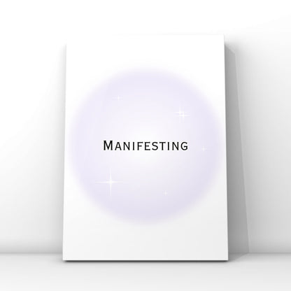 Sleek spiritual wall art print with the text Manifesting in clean typography over a soft purple airbrush aura design with sparkles.