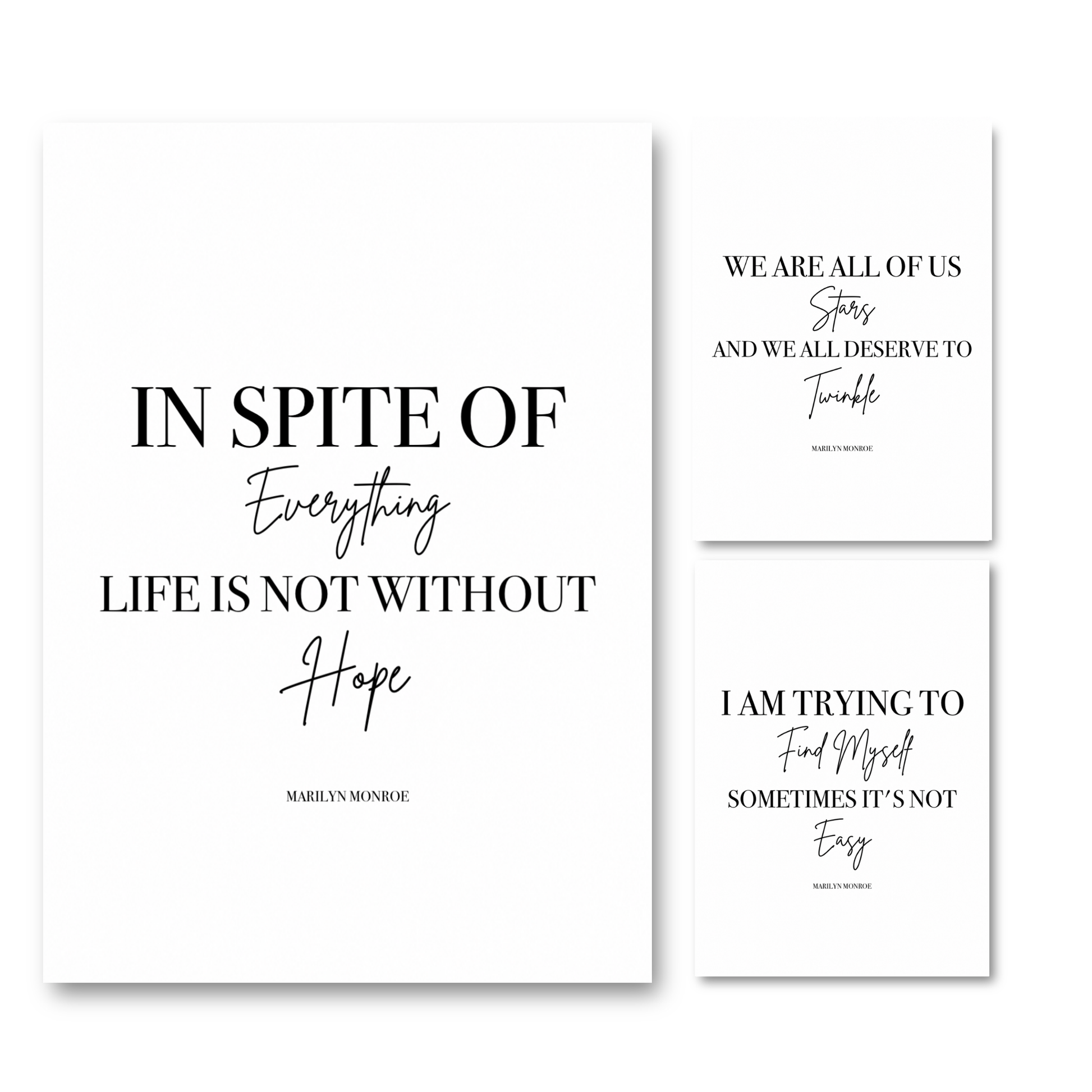 A three-piece minimalist unframed A4 wall art print set by Gypsy Soul Doll featuring black text on a clean white background, showcasing iconic inspirational quotes by Marilyn Monroe in a mix of modern serif and script fonts.