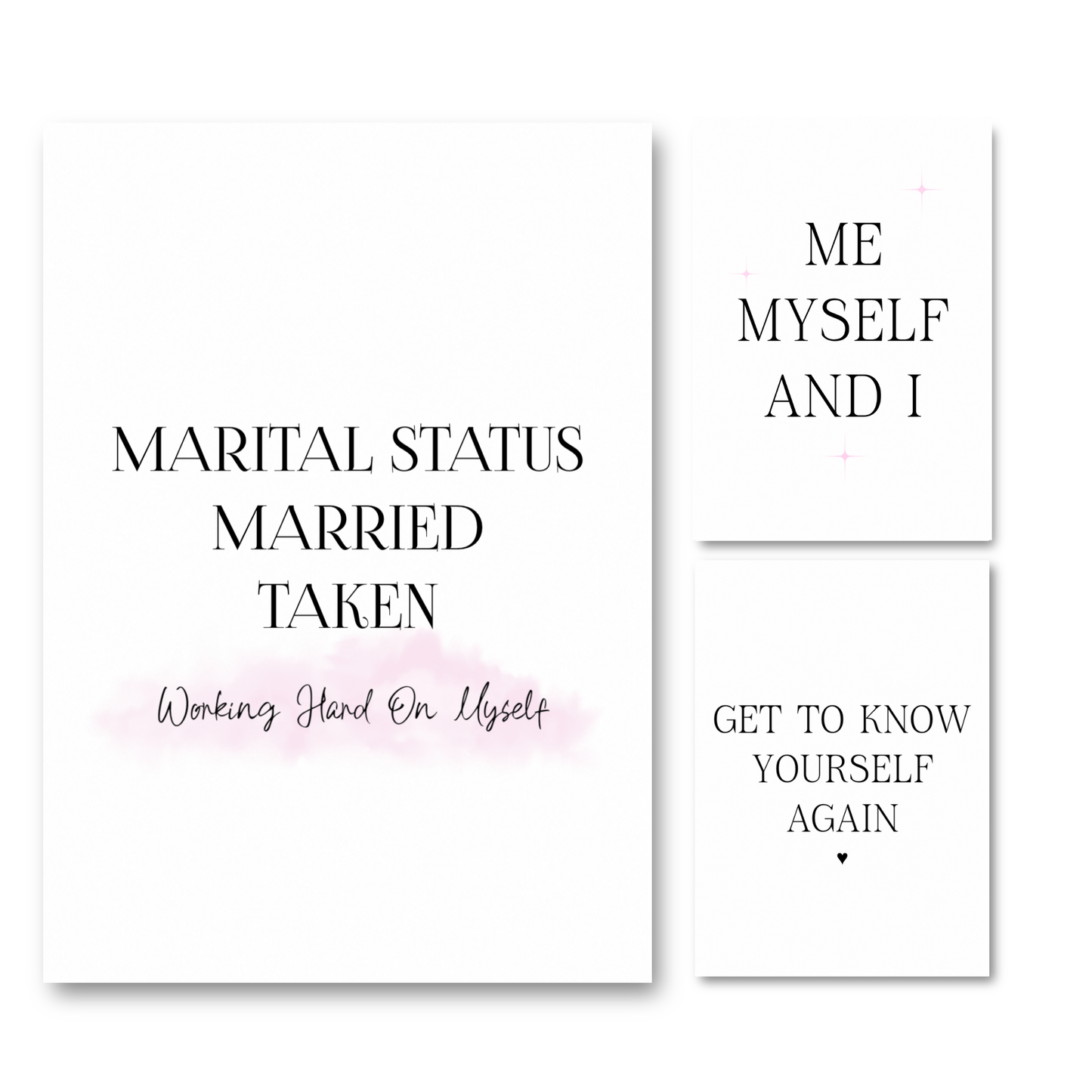 Set of three minimalist black and white typography prints featuring single era quotes, pink watercolour backgrounds, and self-love affirmations.