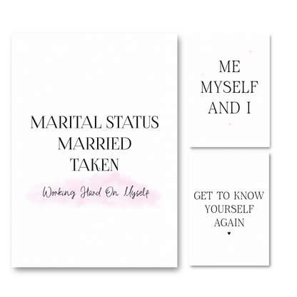Set of three minimalist black and white typography prints featuring single era quotes, pink watercolour backgrounds, and self-love affirmations.