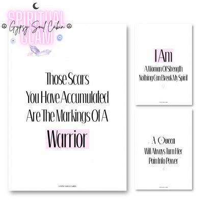 Set of three minimalist black and white typography prints with pink highlights featuring spiritual empowerment quotes reading Markings Of A Warrior, Woman Of Strength, and Turn Pain Into Power.