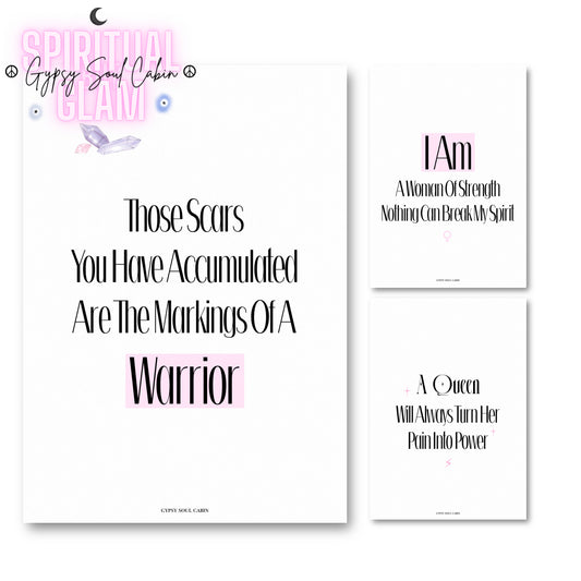 Set of three minimalist black and white typography prints with pink highlights featuring spiritual empowerment quotes reading Markings Of A Warrior, Woman Of Strength, and Turn Pain Into Power.