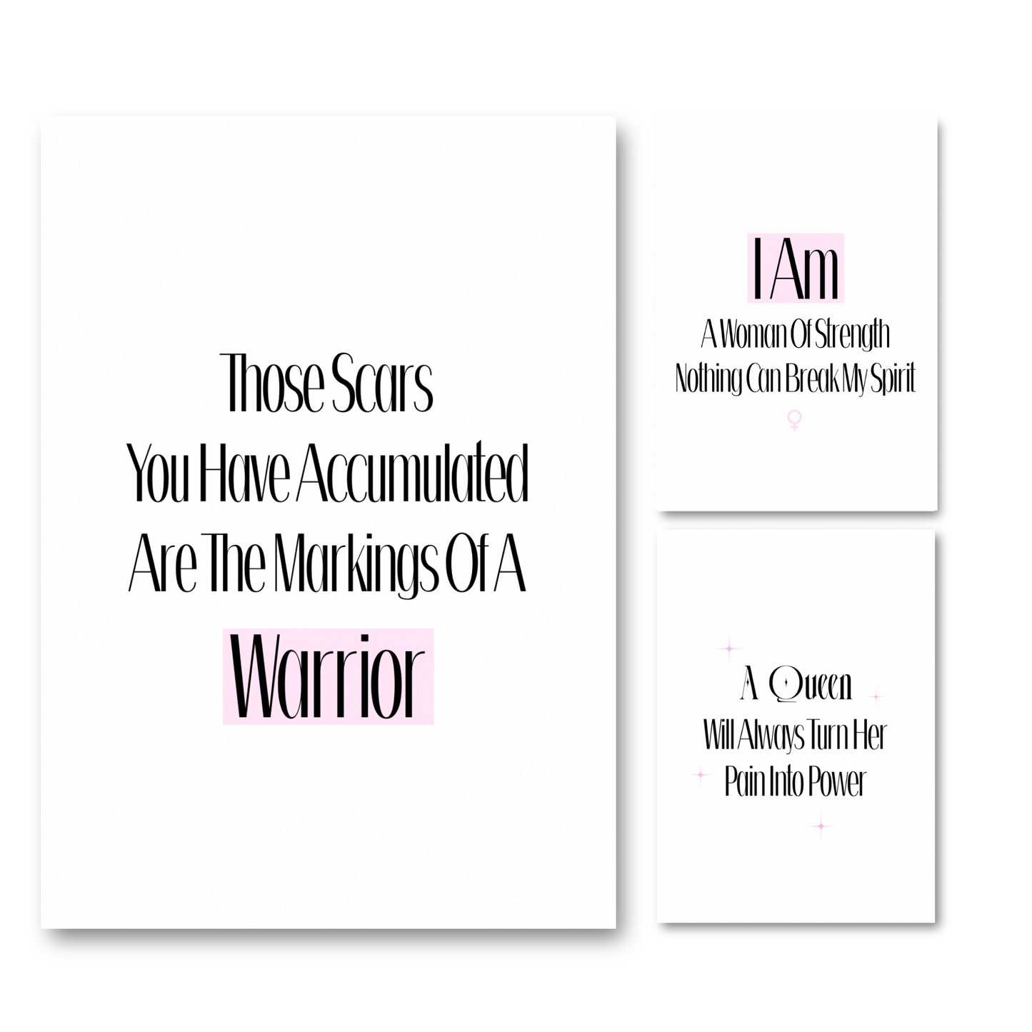 Set of three minimalist black and white typography prints with pink highlights featuring spiritual empowerment quotes reading Markings Of A Warrior, Woman Of Strength, and Turn Pain Into Power.
