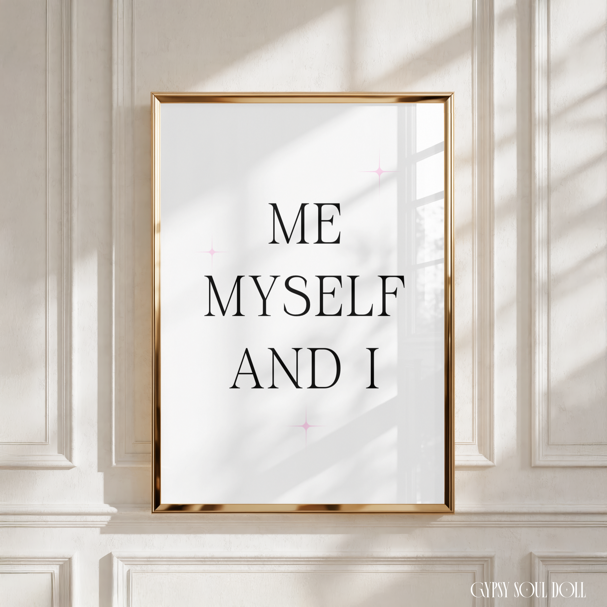 Clean typography wall art print stating Me Myself and I in a bold serif font with soft pink pastel star graphic icons.