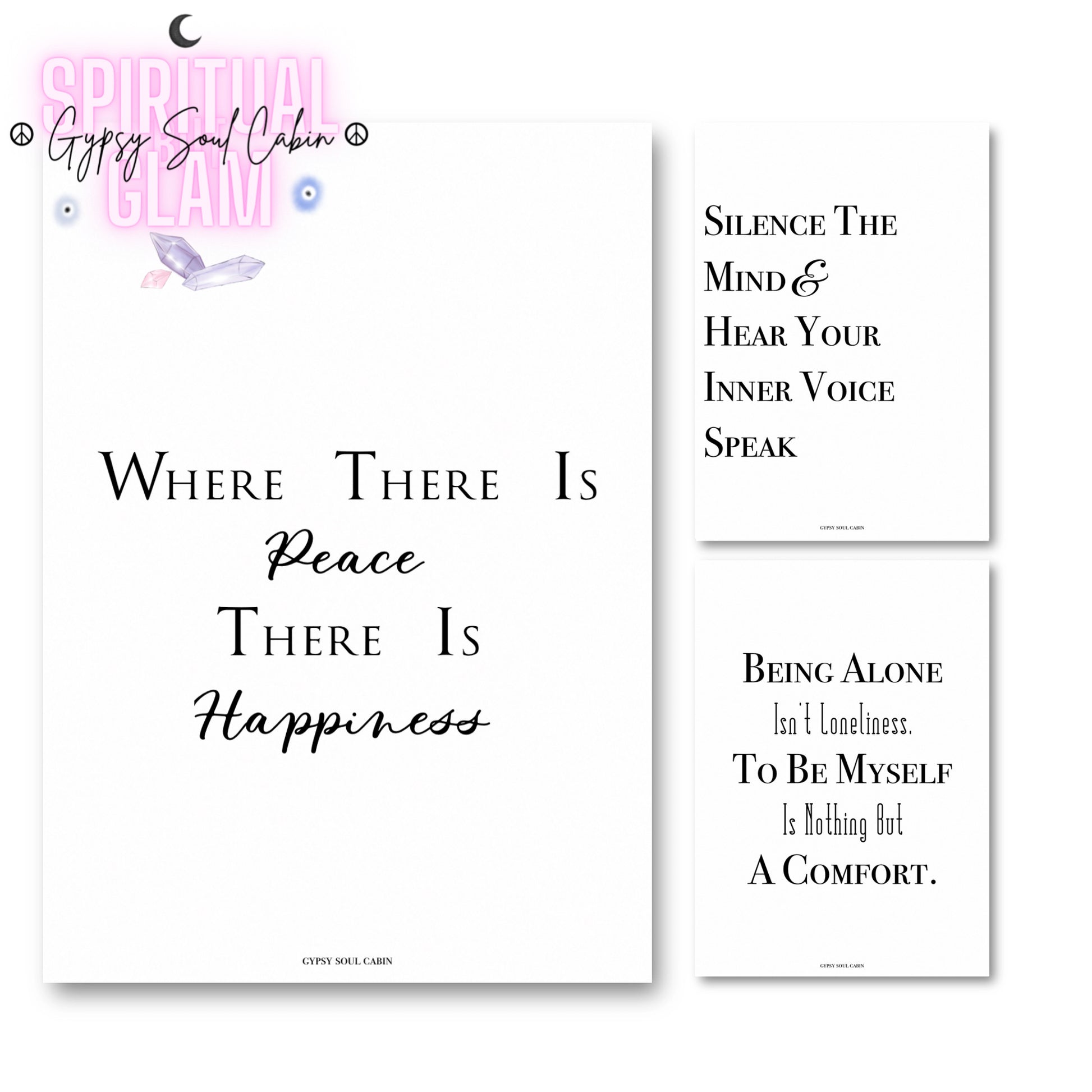 Set of three minimalist black and white A4 typography prints featuring the spiritual quotes “Where There Is Peace There Is Happiness,” “Silence The Mind & Listen To Your Inner Voice Speak,” and “Being Alone Isn't Loneliness To Be Me It's Nothing But A Comfort.”
