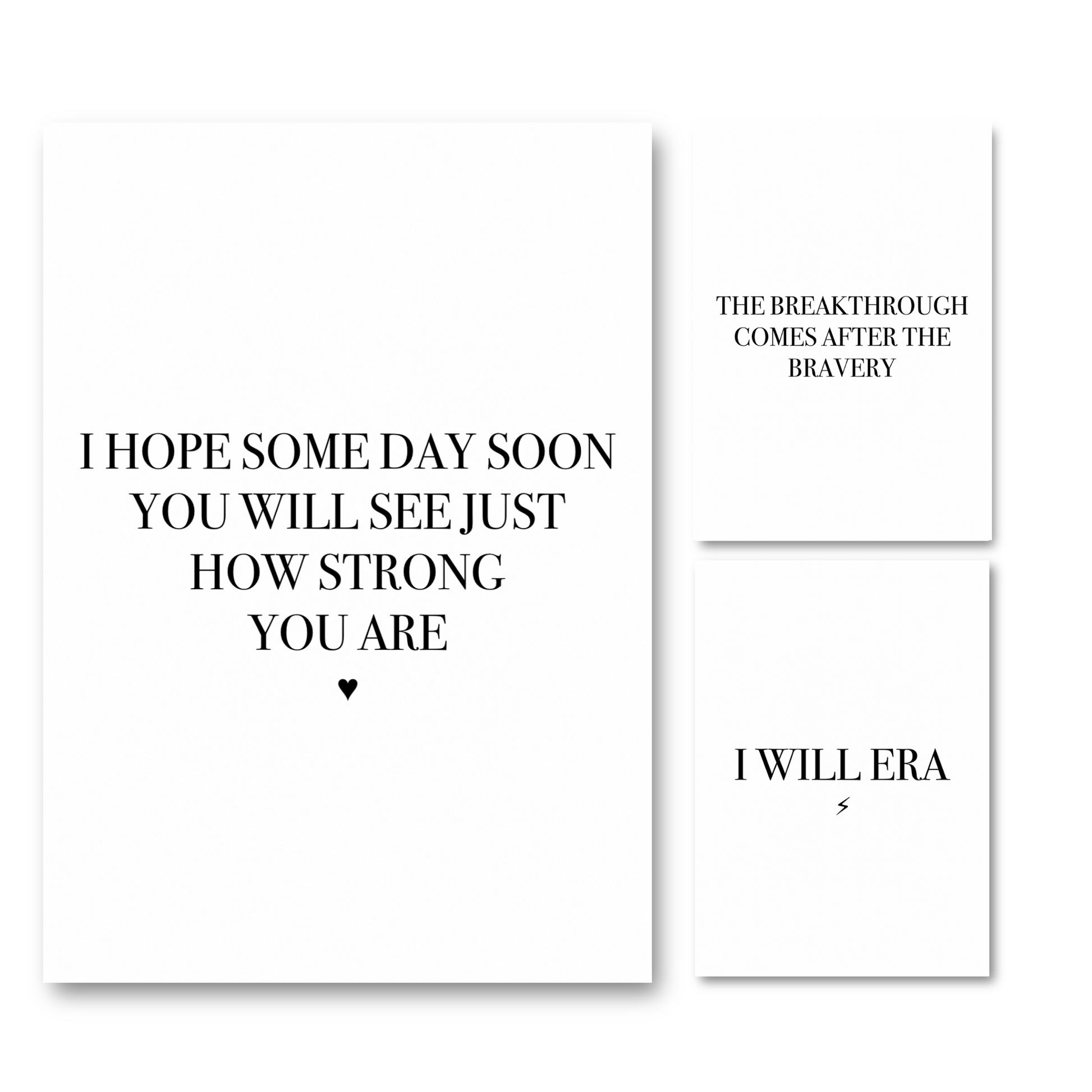 A 3-piece motivational wall art print set featuring clean black serif typography on a white background with phrases about inner strength, bravery breakthroughs, and unstoppable determination.