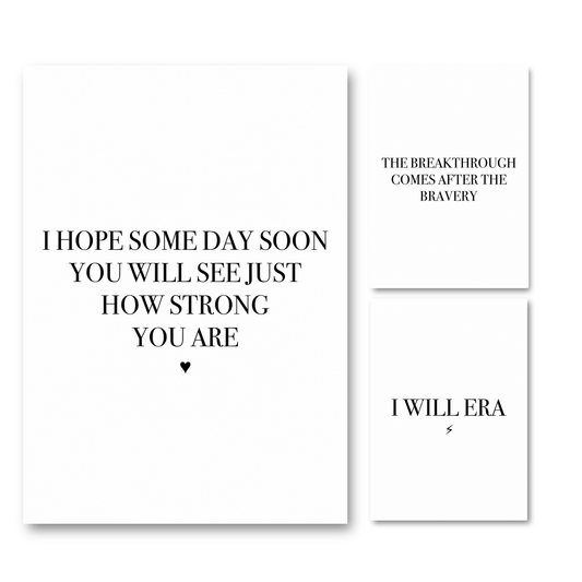 A 3-piece motivational wall art print set featuring clean black serif typography on a white background with phrases about inner strength, bravery breakthroughs, and unstoppable determination.