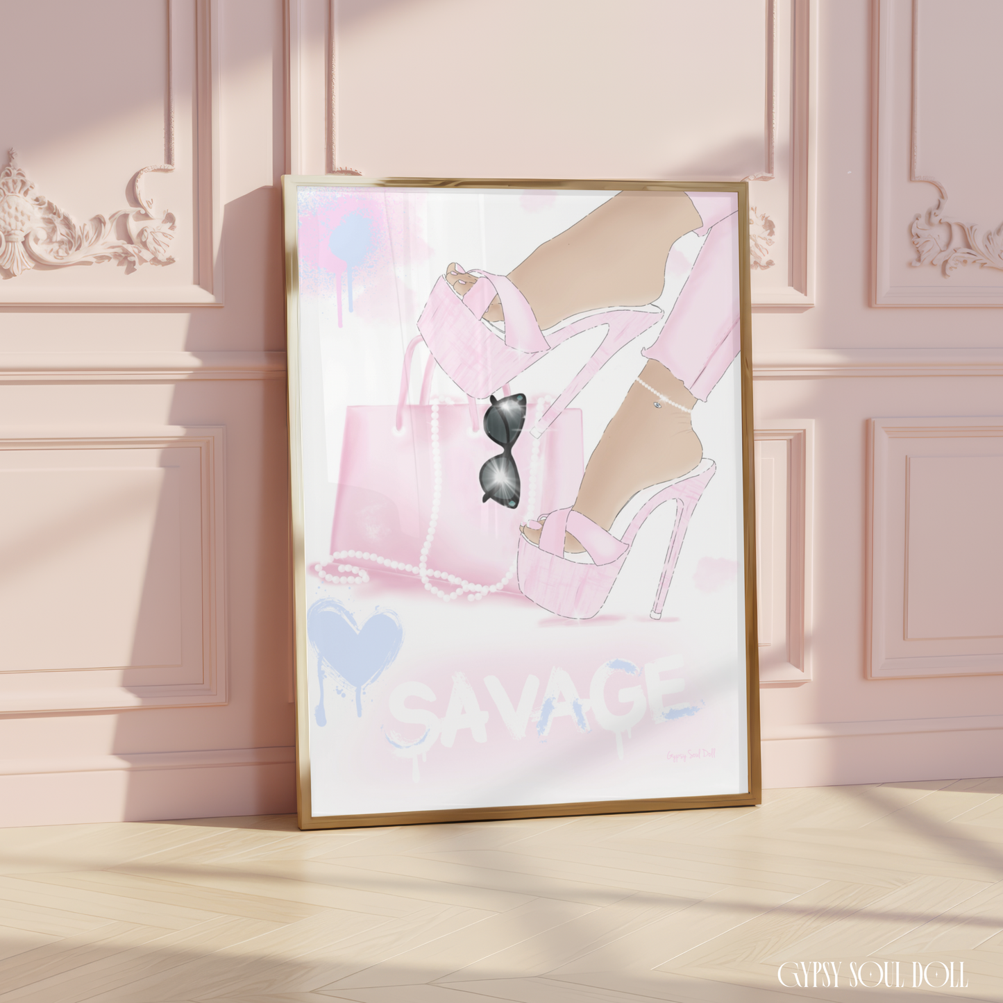 Chic A4 feminine typography print featuring pastel pink platform high heels, a matching pink leather tote bag wrapped in a pearl necklace, sunglasses, and the word SAVAGE written in large white font with blue paint drips at the bottom.