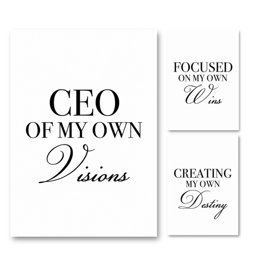 C urated 3-piece A4 monochrome poster set featuring one large "CEO OF MY OWN Visions" print alongside two stacked prints reading "FOCUSED ON MY OWN Wins" and "CREATING MY OWN Destiny" in bold serif and cursive script by Gypsy Soul Doll.